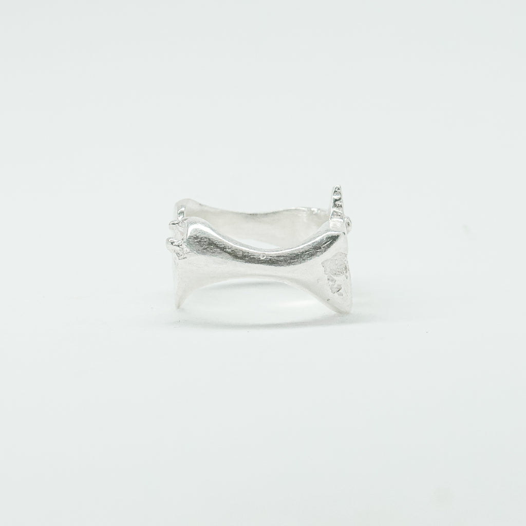 Sculptural silver ring showcasing both a heart and star form, with small gemstones set into each motif. Handmade and one of a kind.